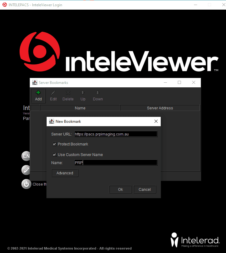 Snippet of InteleViewer's 'New Bookmark' prompt