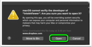 MacOS alert prompt for installing InteleViewer