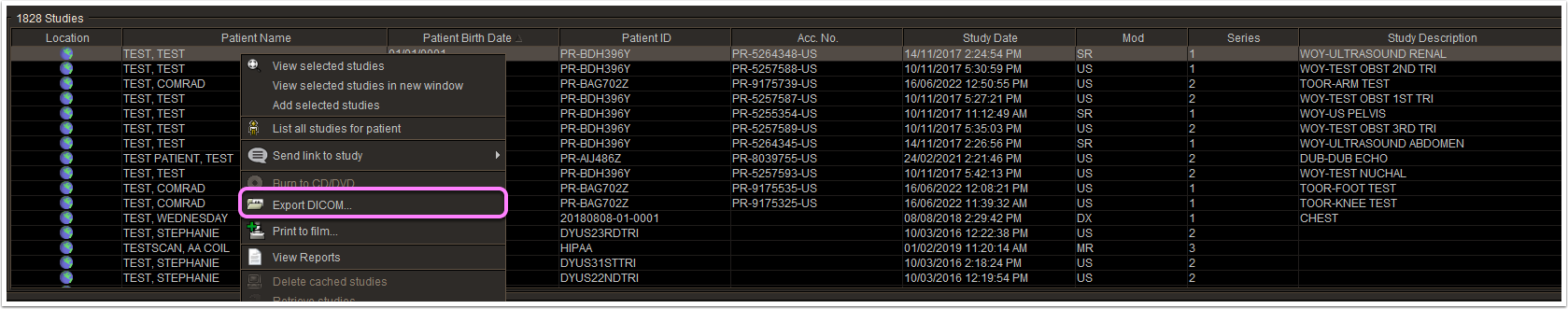 Snippet from your InteleViewer application, highlighting the 'Export DICOM' option