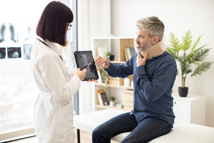 Specialist showing patient his neck scan